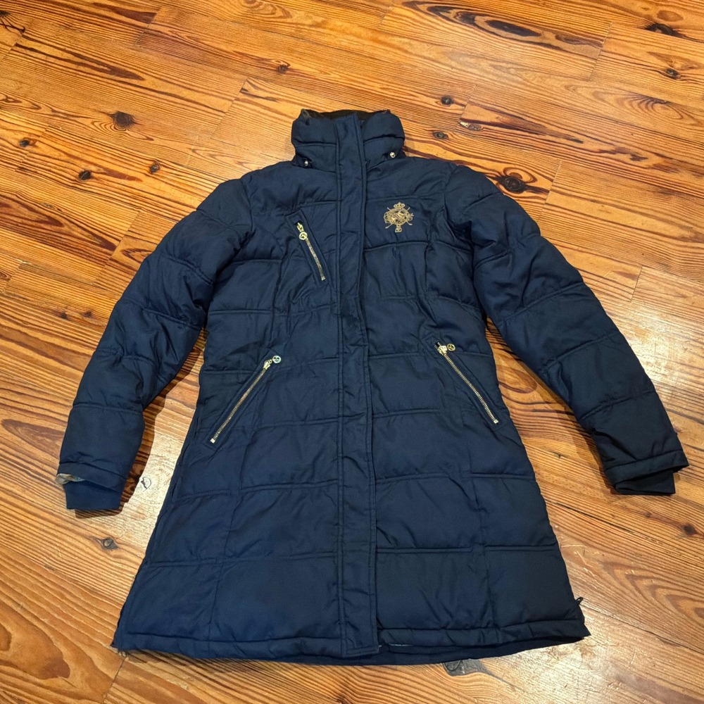 Mountain Horse Equestrian Jacket L Navy Insulated Riding Coat Quilted Gold Crest